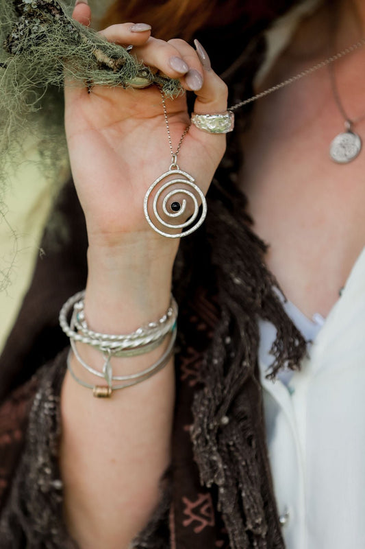 Ancient Spiral Onyx Amulet Talisman | Handcrafted Sterling Silver Pendant of Protection & Transformation - Relic