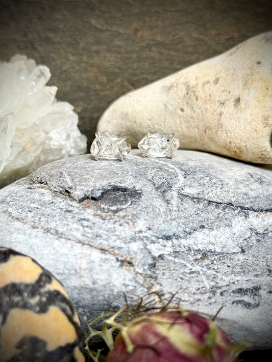 Herkimer Diamond Sterling Silver Claw Stud Earrings | Genuine Gemstone - Relic