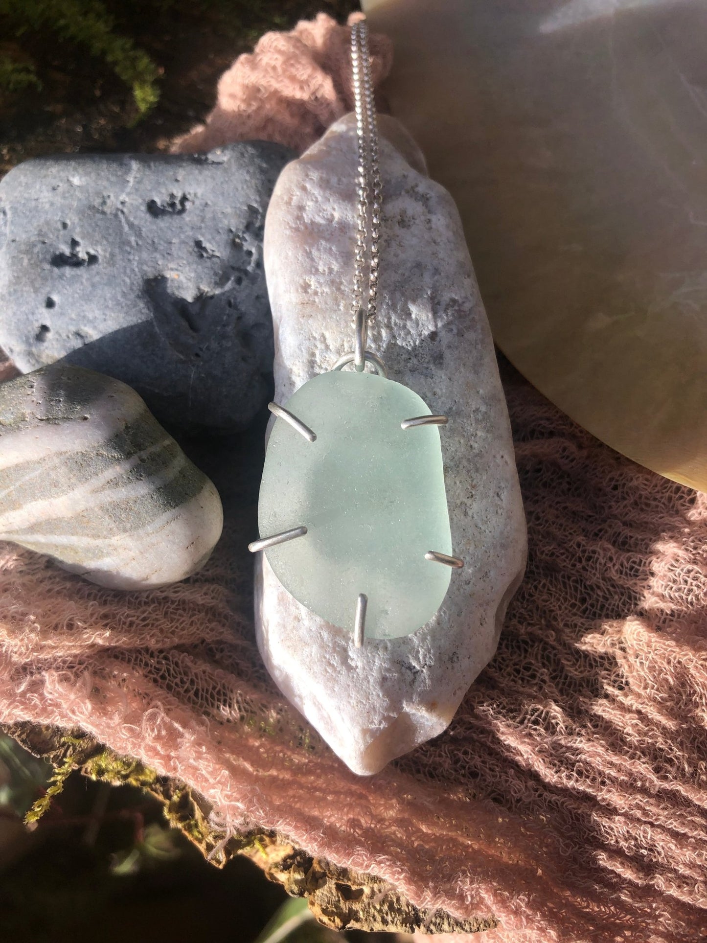 Luminous Aqua Genuine Sea Glass Pendant in Handcrafted Sterling Silver Claw Setting | Oceanic Beauty - Relic