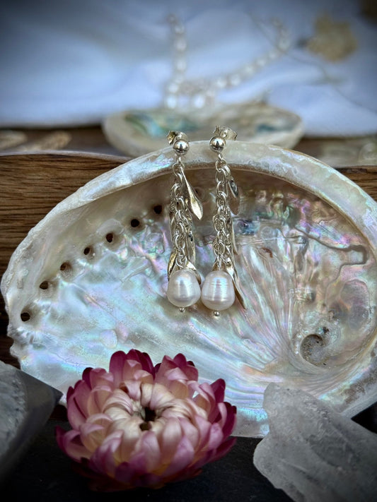 Pearl & Silver Leaf Chain Dangle Earrings - Relic