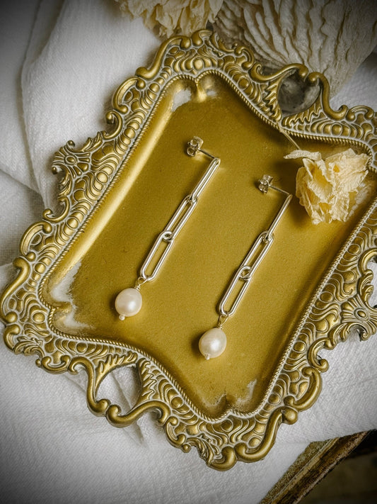 Silver Link & Pearl Drop Earrings - Relic