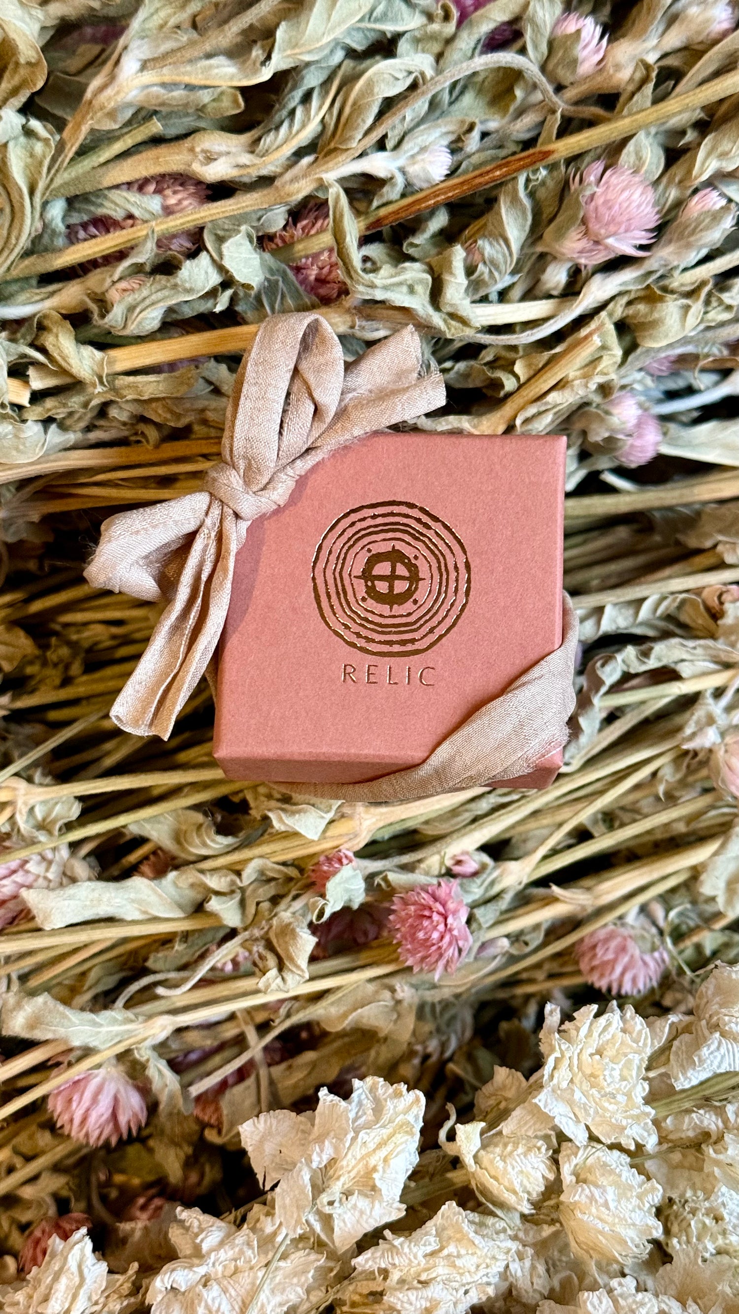 Relic Eco friendly jewellery gift box with embossed logo and an upcycled sari ribbon