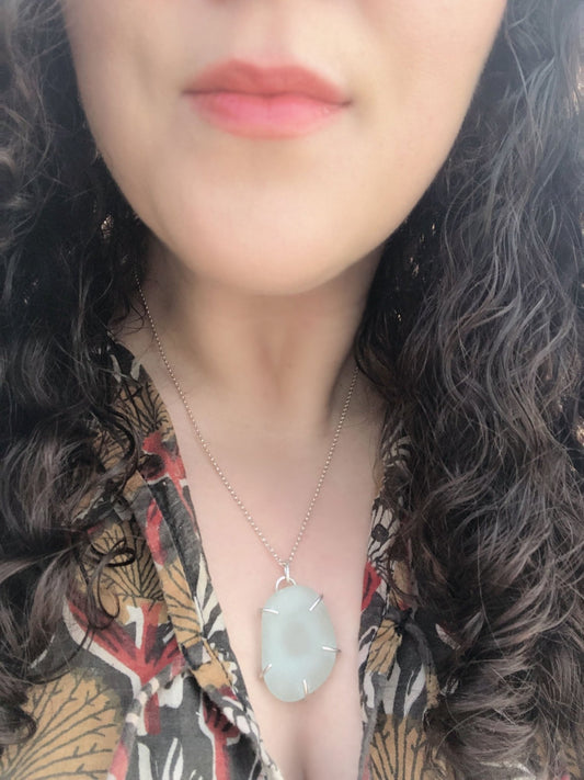 Luminous Aqua Genuine Sea Glass Pendant in Handcrafted Sterling Silver Claw Setting | Oceanic Beauty - Relic