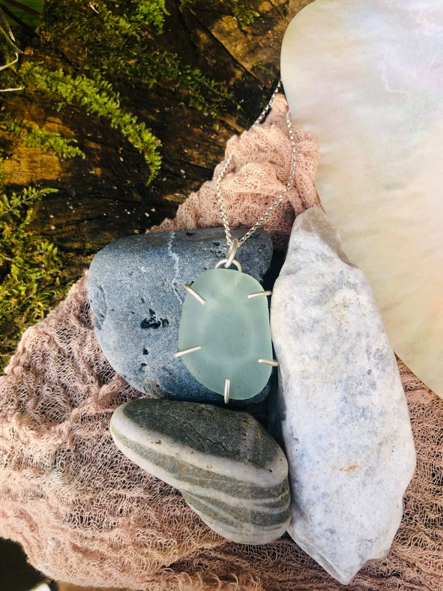 Luminous Aqua Genuine Sea Glass Pendant in Handcrafted Sterling Silver Claw Setting | Oceanic Beauty - Relic