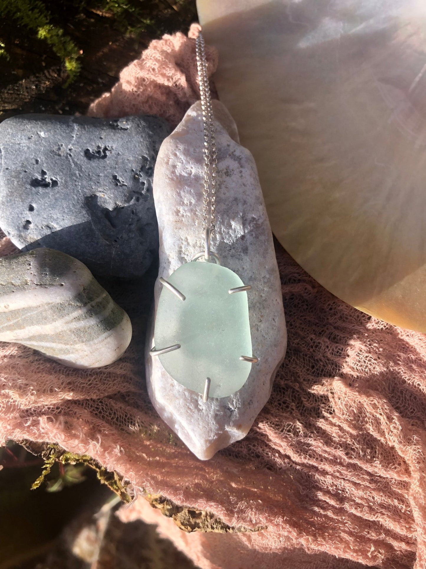 Luminous Aqua Genuine Sea Glass Pendant in Handcrafted Sterling Silver Claw Setting | Oceanic Beauty - Relic