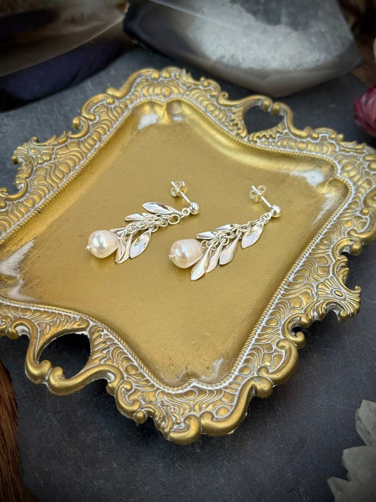Pearl & Silver Leaf Chain Dangle Earrings - Relic
