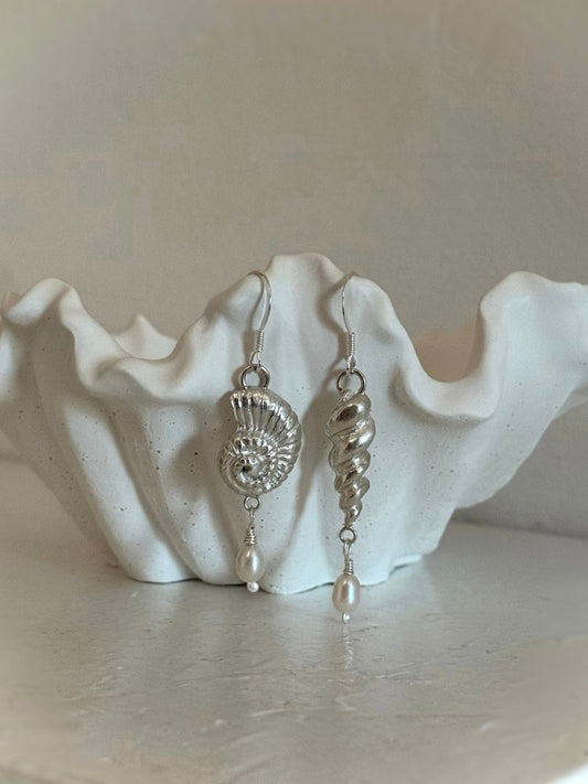 Seashell Serenity Asymmetrical Earrings with Freshwater Pearls - Relic