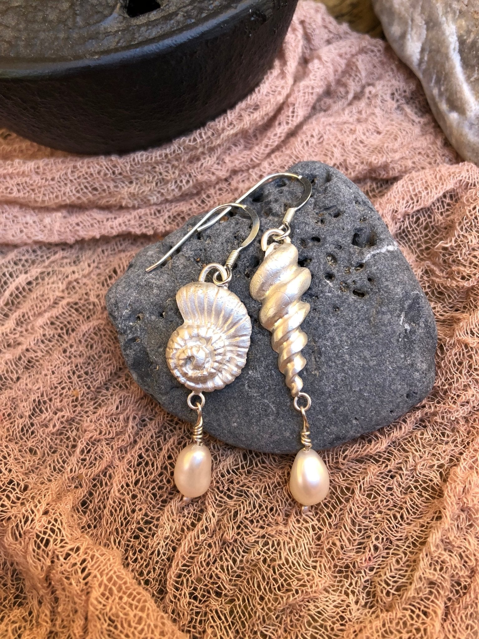 Seashell Serenity Handcrafted Shell Earrings with Recycled Fine Silver & Freshwater Pearls | Spiritual Healing & Balance - Relic