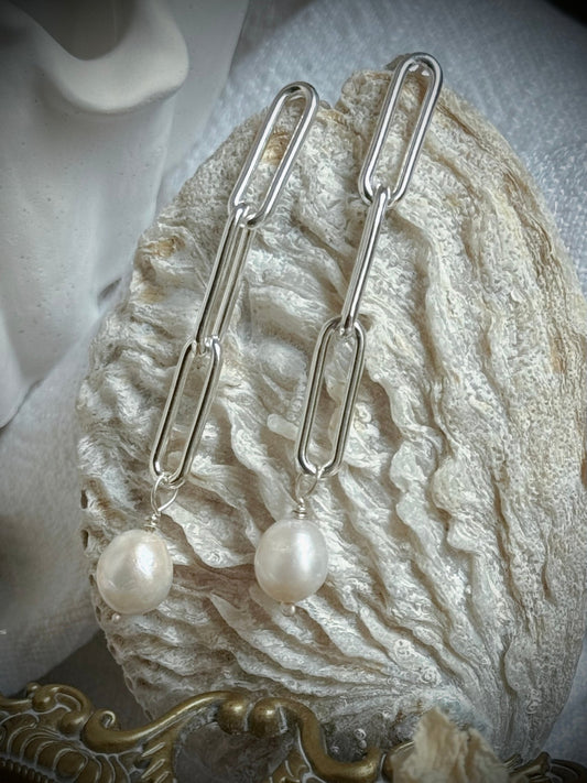 Silver Link & Pearl Drop Earrings - Relic